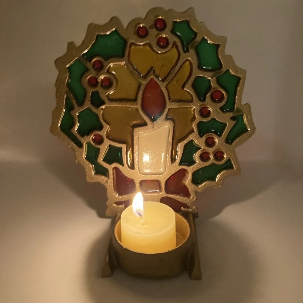 Vintage STAINED GLASS Cast Iron Wreath CANDLE HOLDER MCM 70s Christmas - Picture 4 of 11